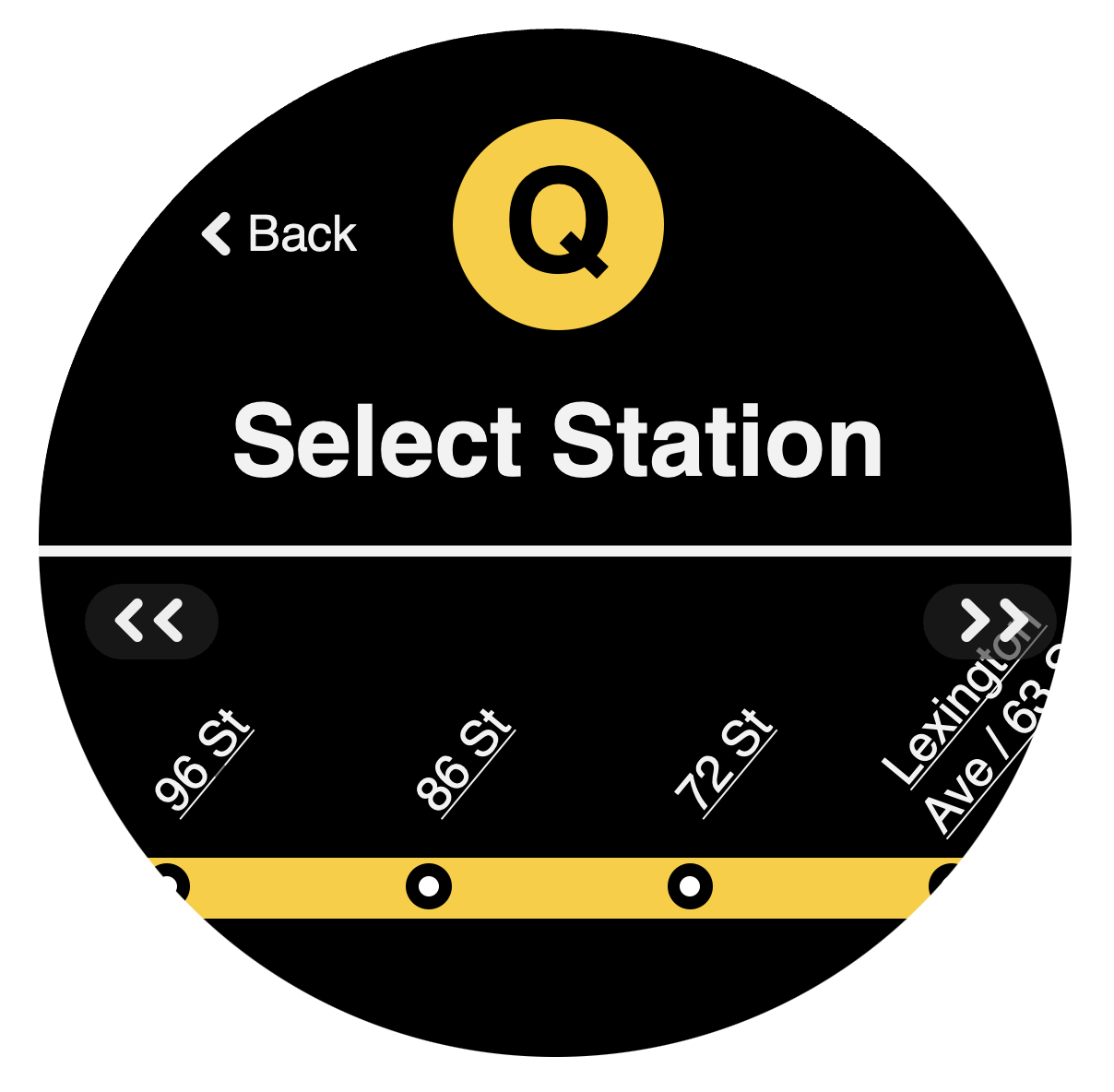 Circ setup screen showing station options for the selected train route