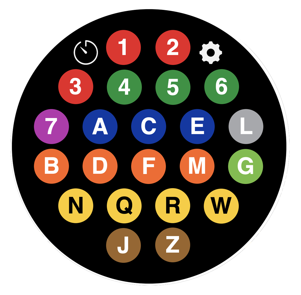 Circ setup screen showing subway route buttons for selecting your train